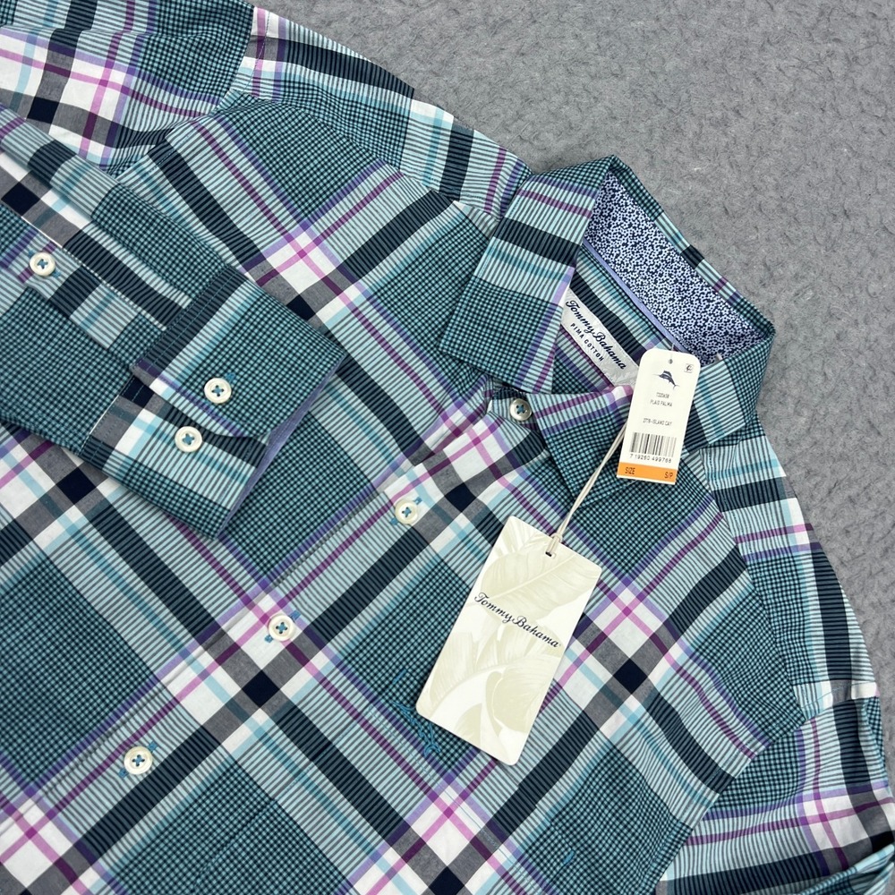 NEW Tommy Bahama Plaid Palma Shirt Men's Small Blue Plaid Pima Button Up T320658